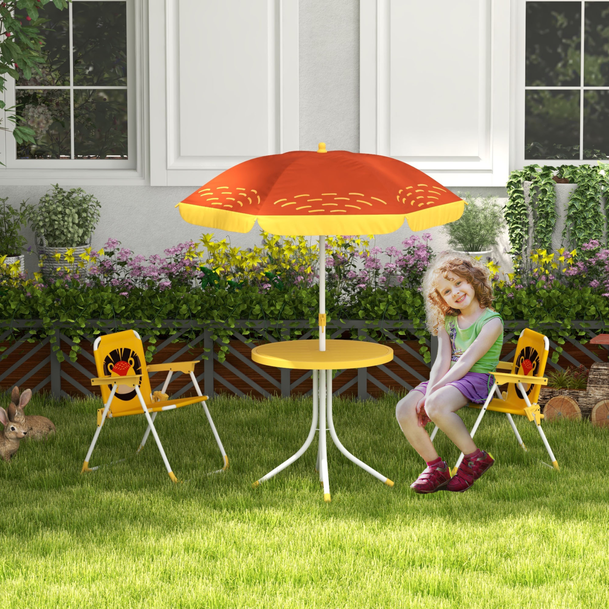Outsunny Kids Bistro Table and Chair Set with Lion Theme, Adjustable Parasol – Outdoor Play Set