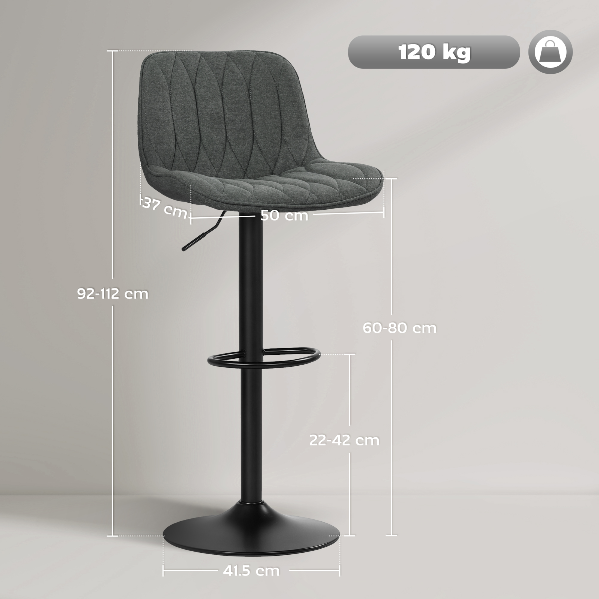 Set of 2 Adjustable Swivel Bar Stools with High Backs & Gas Lift – Linen-Look Counter Chairs, Charcoal Grey