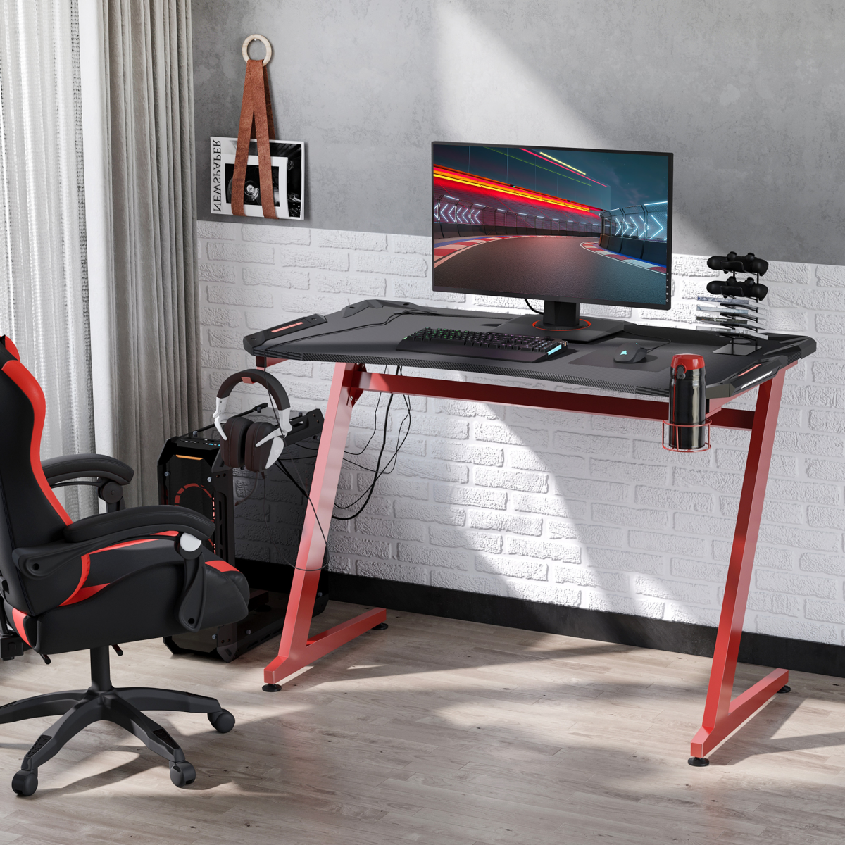 HOMCOM Gaming Desk with Cup Holder, Headphone Hook and Gamepad Holder – Large Tabletop Home Office Desk