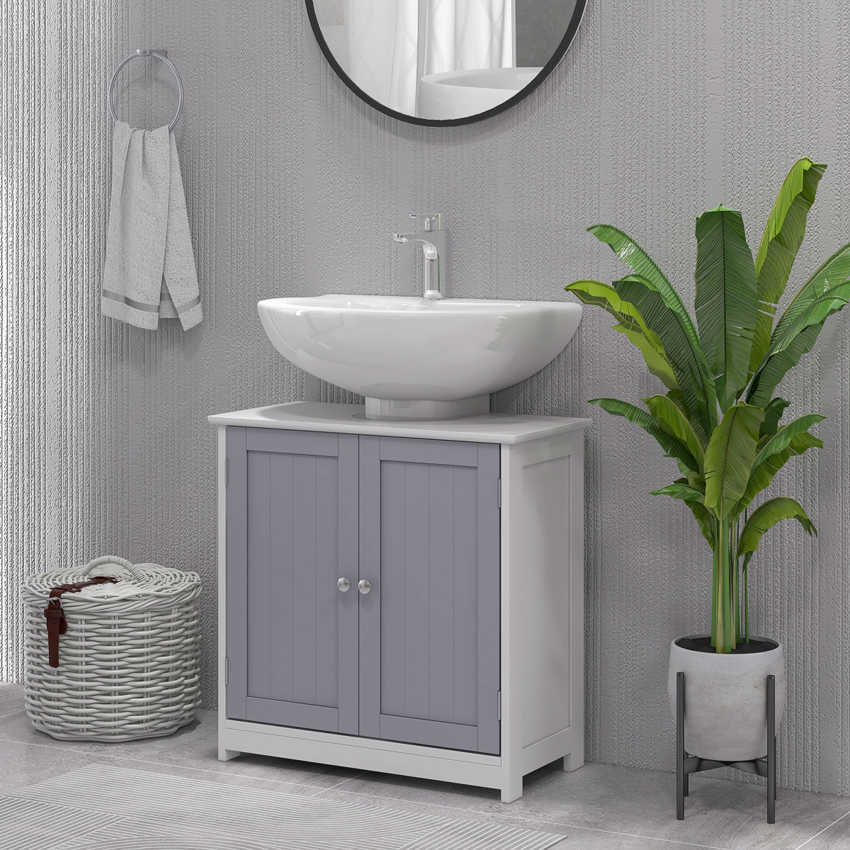 Kleankin 60 x 60cm Under-Sink Storage Cabinet with Double Doors & Adjustable Shelf – Grey and White