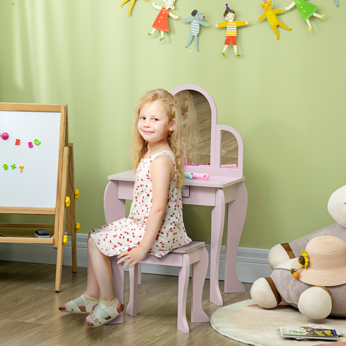 Kids Dressing Table and Stool Set with Mirror and Drawer – Vanity Table for Ages 3-6 Years, Pink
