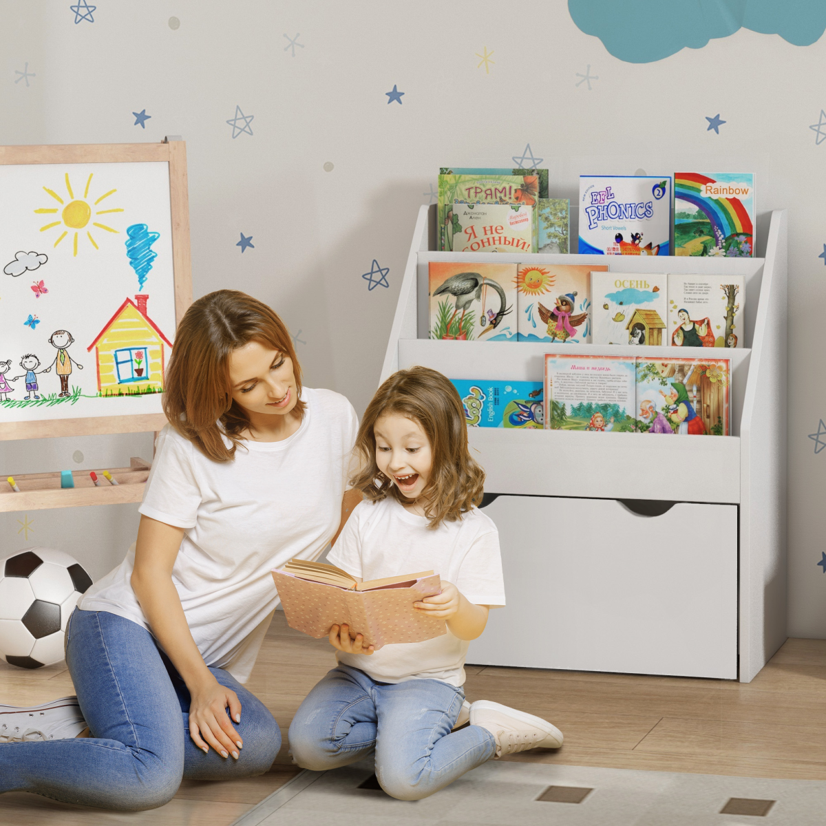 AIYAPLAY Kids Bookcase with 3 Tier Shelves & Wheeled Drawer – Toy Storage for Bedroom & Nursery, White