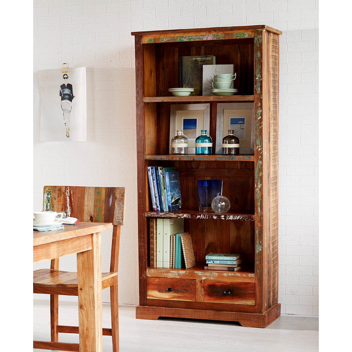 Coastal Large Bookcase in 100% Solid Reclaimed Wood – Rustic Hand-Finished Shelving for Living Room & Study
