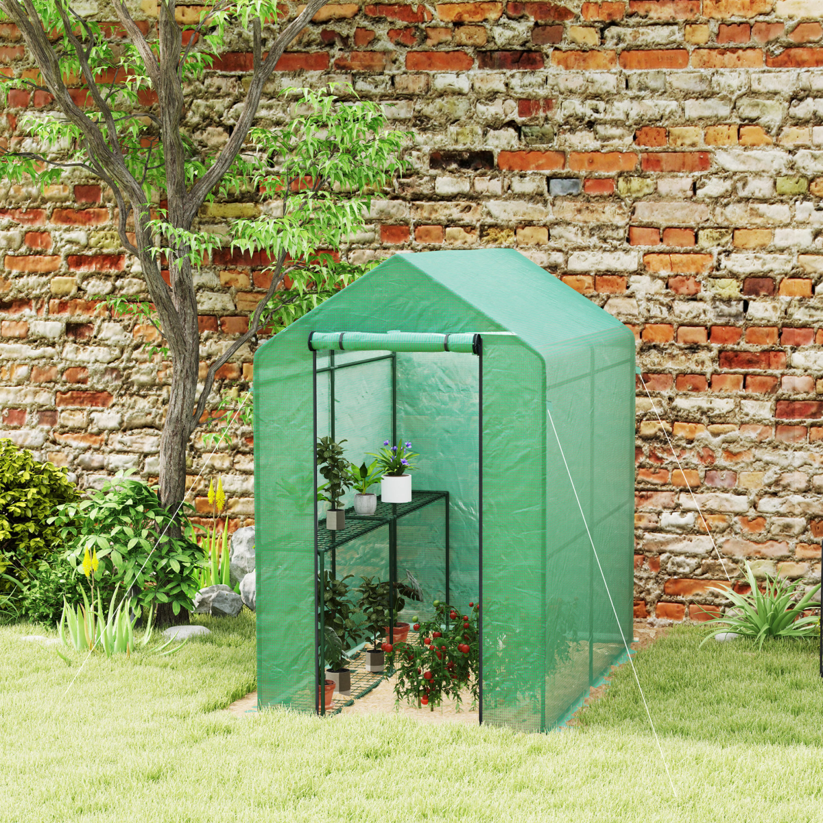 Outsunny Walk-In Greenhouse with 4 Shelves, UV-Resistant PE Cover & Zipped Door, 120 x 186 x 190cm, Green