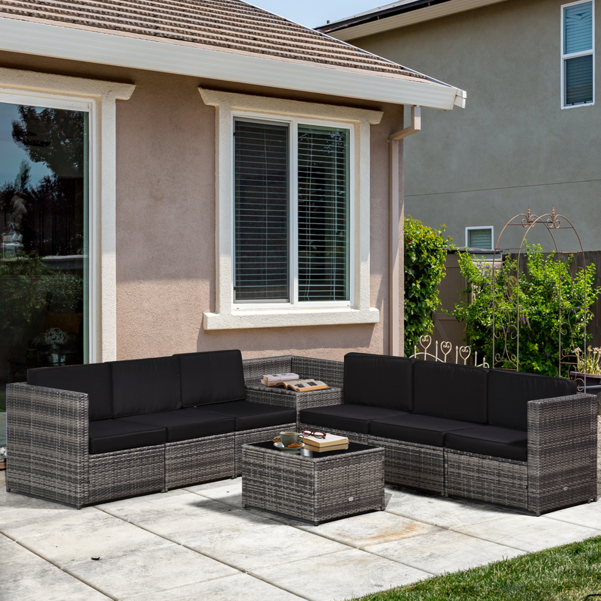 Outsunny Grey Rattan Sofa Set storage table detail