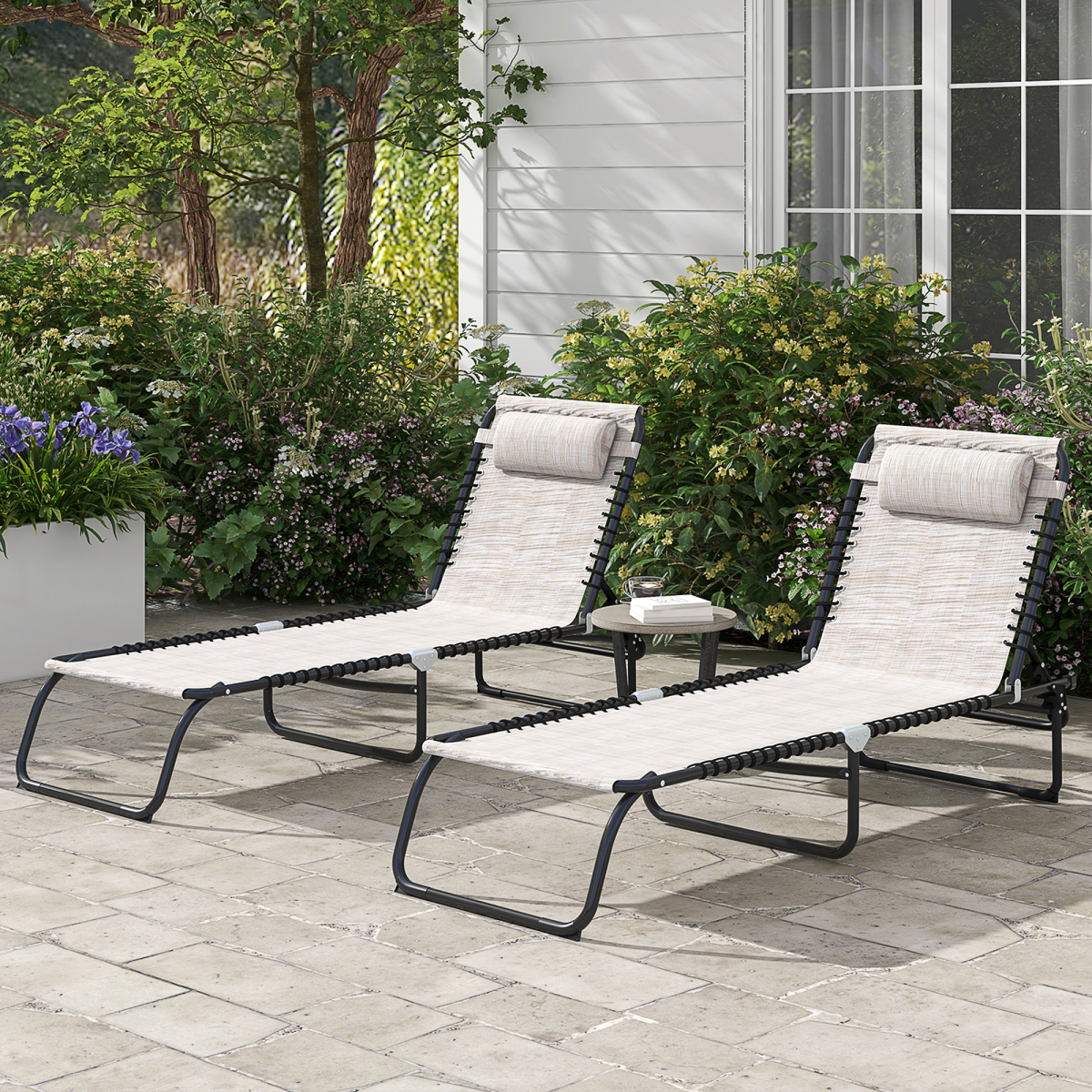 Outsunny Set of 2 Folding Beach Lounge Chairs with 4 Recline Positions & Headrest – Sun Loungers, Cream