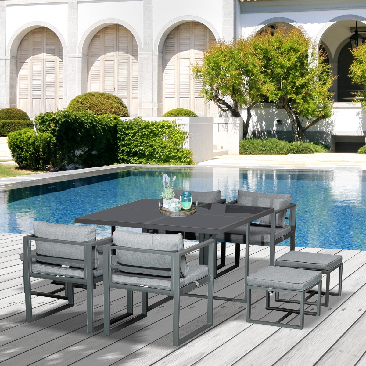 Outsunny 9-Piece Aluminium Patio Dining Set with Tempered Glass Table, 4 Chairs & 4 Ottomans – Garden Furniture, Dark Grey