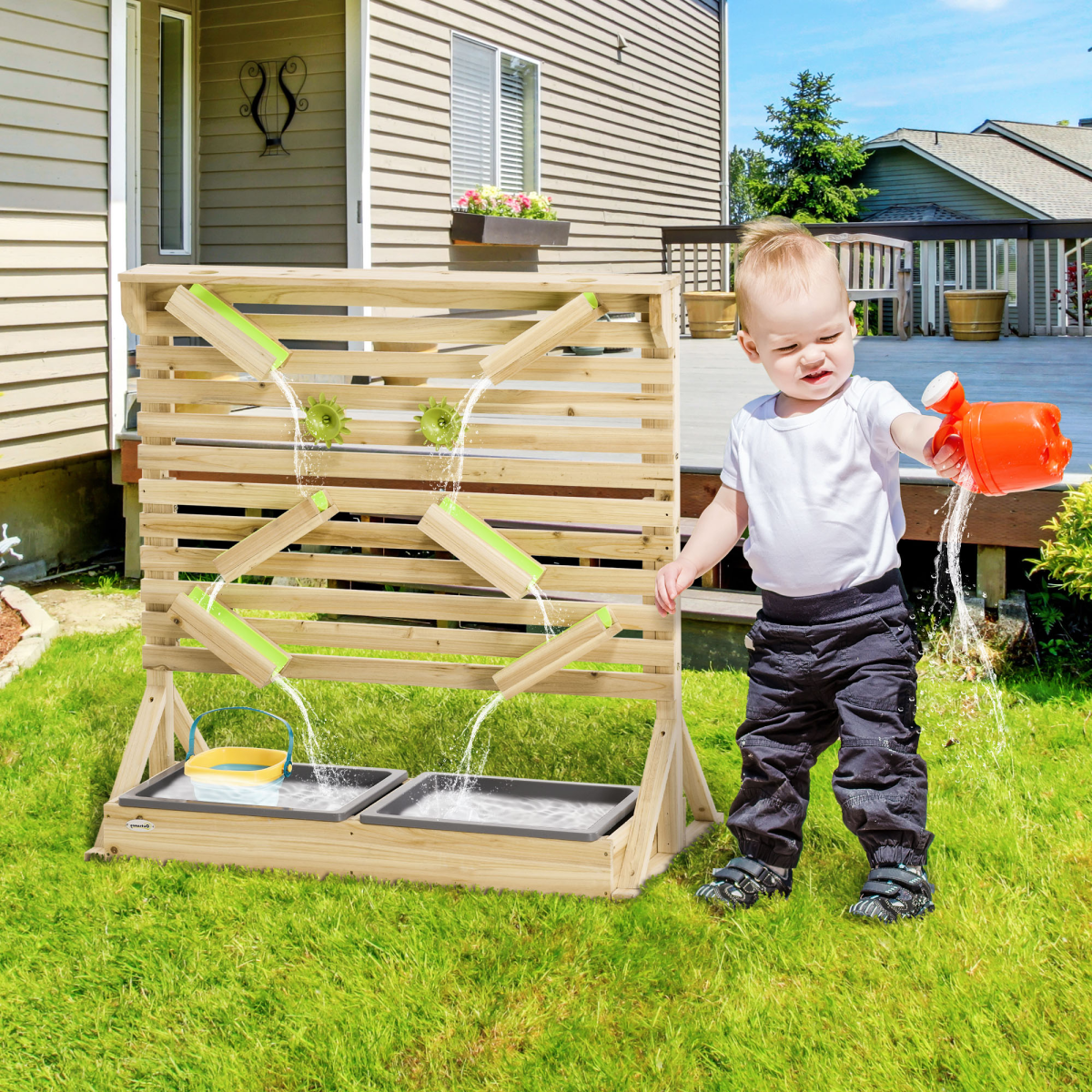 Outsunny Kids Sand and Water Playset with Two Sinks, Water Carts & 18 Accessories – Fir Wood Play Station