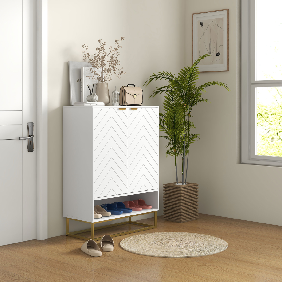 HOMCOM Shoe Cabinet with 2 Chevron Doors & Adjustable Shelf – Hallway Storage for 12 Pairs