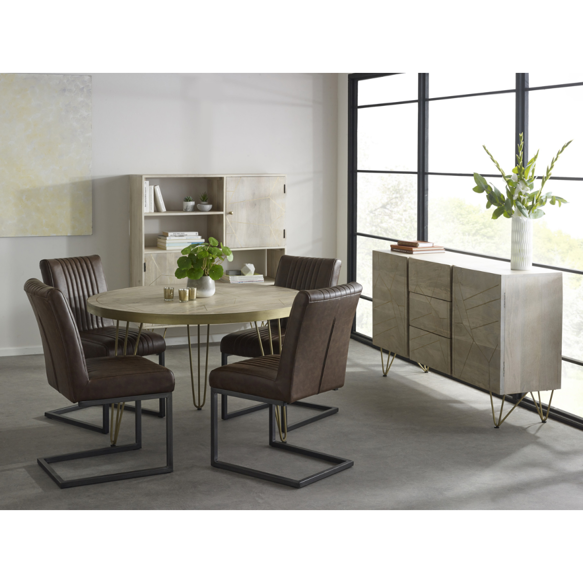 Solid Wood Display Cabinet with Light Gold Metal Inlay – Modern Storage and Display Unit