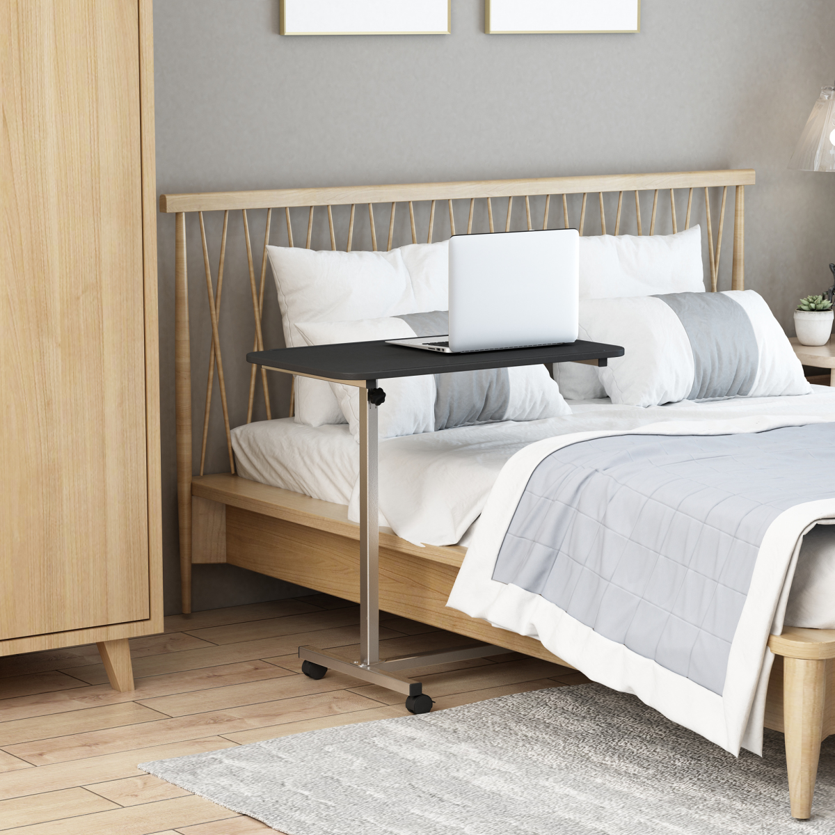 HOMCOM C-Shaped Mobile Sofa & Bedside Table with Lockable Casters – Laptop Side Table