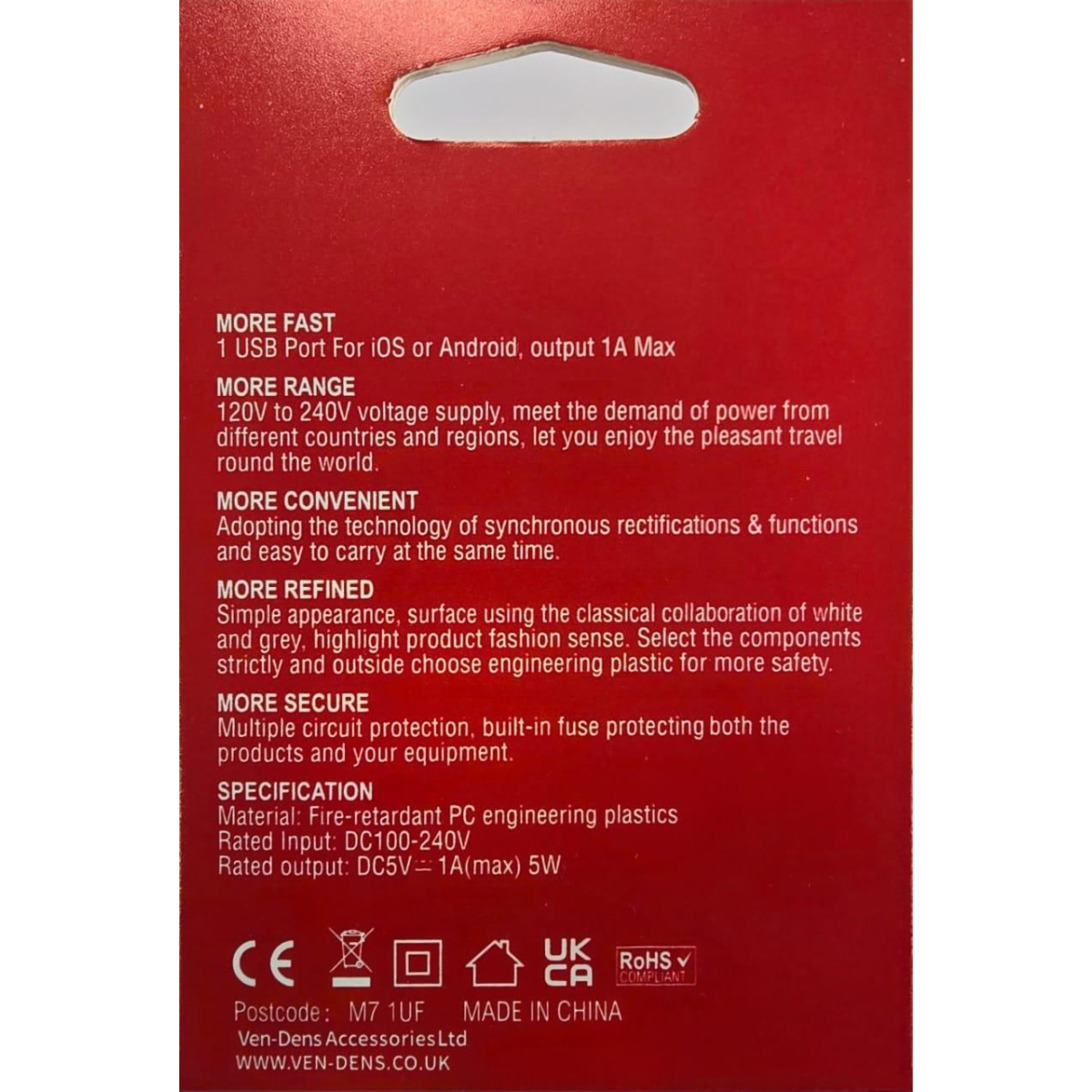 Ven-Dens 1A USB Charger – 100-240V Universal Voltage, Fire-Retardant Plastic, White & Grey