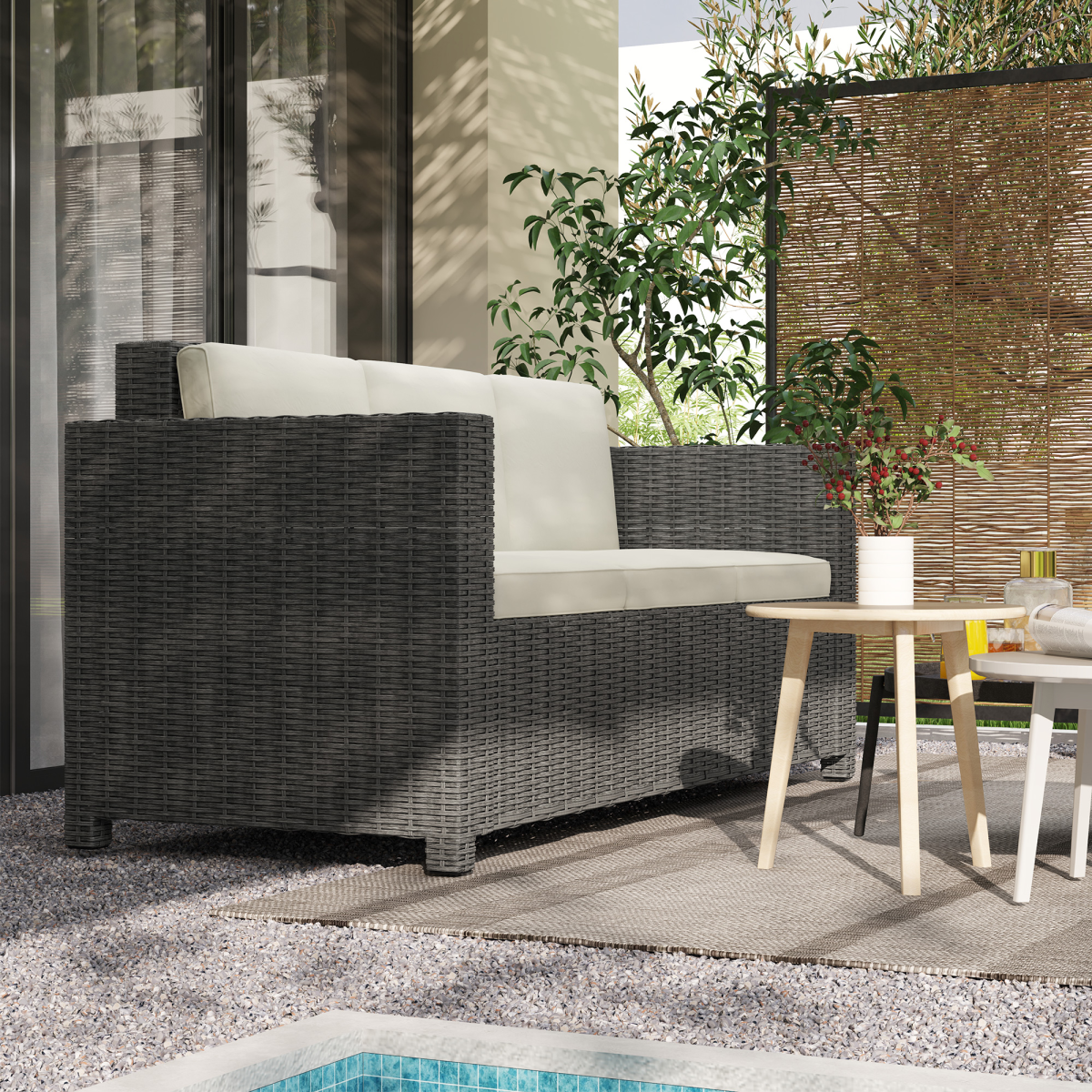 Outsunny Rattan Wicker 3-Seater Garden Sofa with Thick Cushions – Patio Furniture, Cream