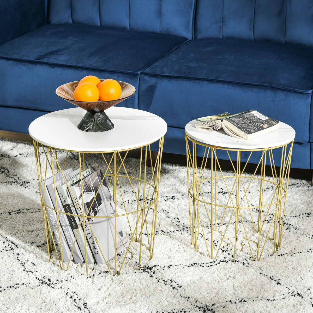 HOMCOM Set of 2 Nesting Side Tables with Marble-Effect Removable Top and Basket – Gold Steel Frame, White