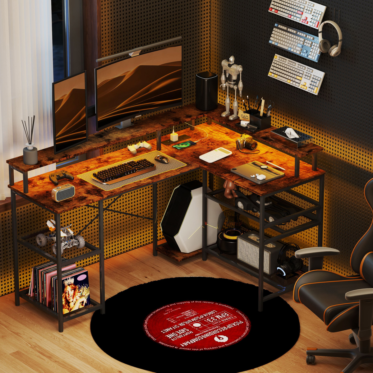HOMCOM L-Shaped Gaming Desk with RGB LED Lights & Power Outlets – Corner Computer Desk