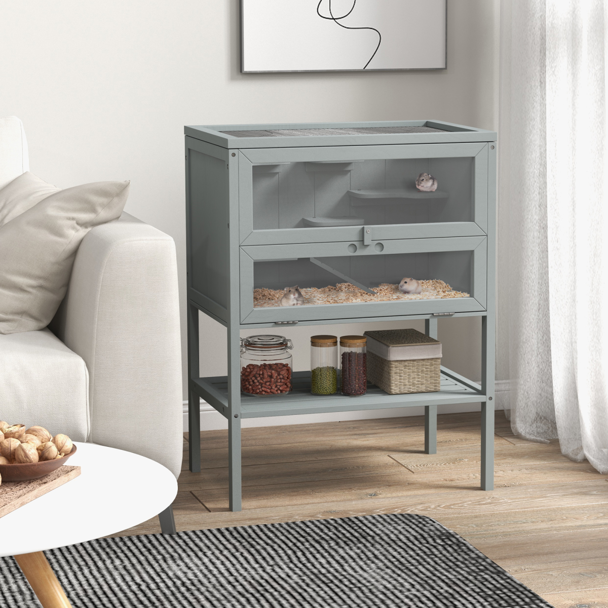 PawHut Wooden Hamster Cage with Storage Shelf & Openable Top – Multi-Platform Small Animal Habitat, Grey