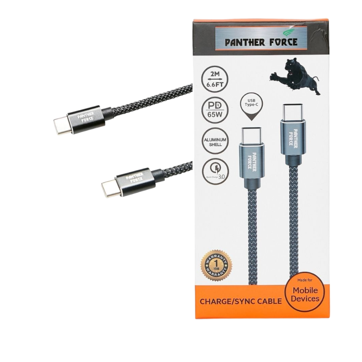 Panther Force 65W USB-C Cable, 2m – Fast Charging and Data Transfer