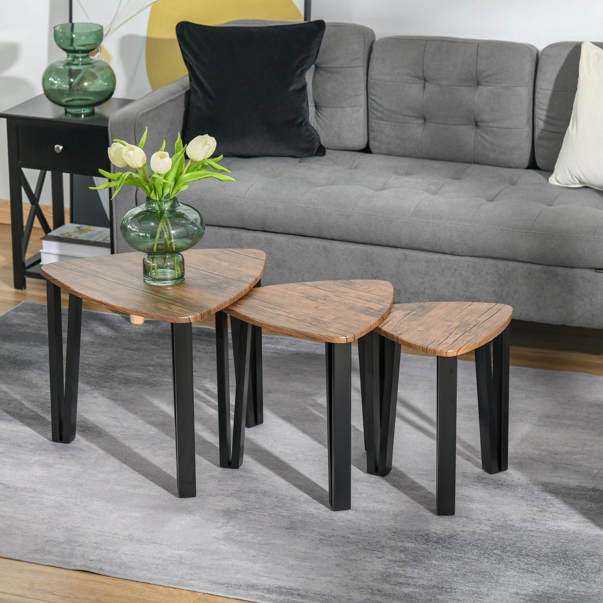 3-Piece Stackable Coffee Table Set with Walnut-Effect MDF Tops & Steel Frames – Nesting Tables