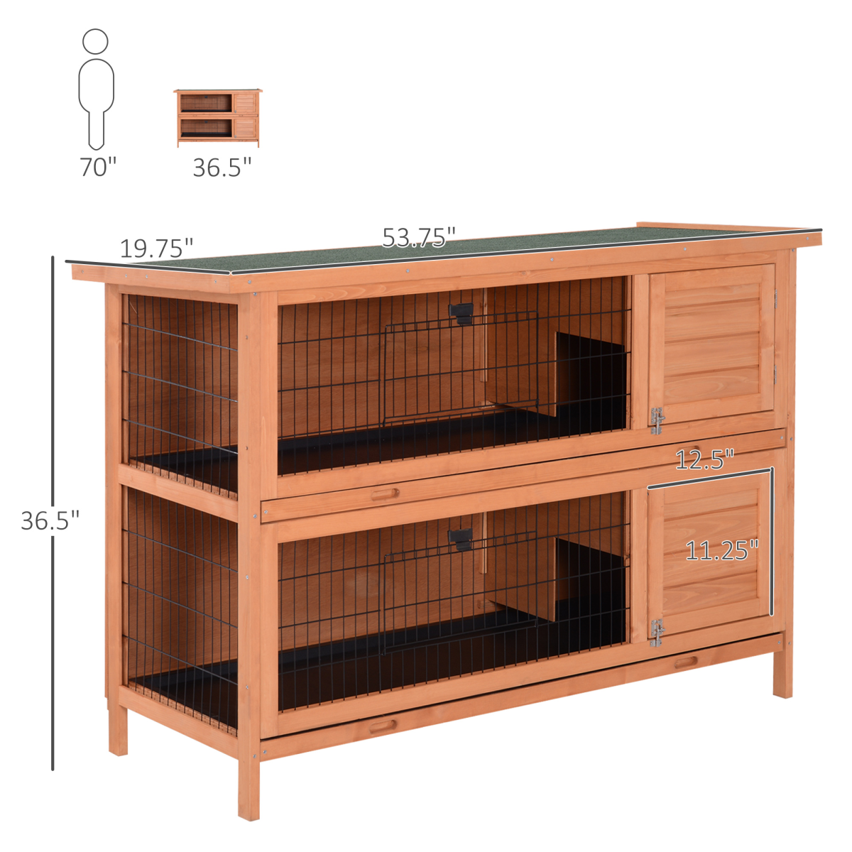 2-in-1 Wooden Rabbit Hutch with Asphalt Roof, 4 Doors & Removable Trays – Small Animal Cage, Orange
