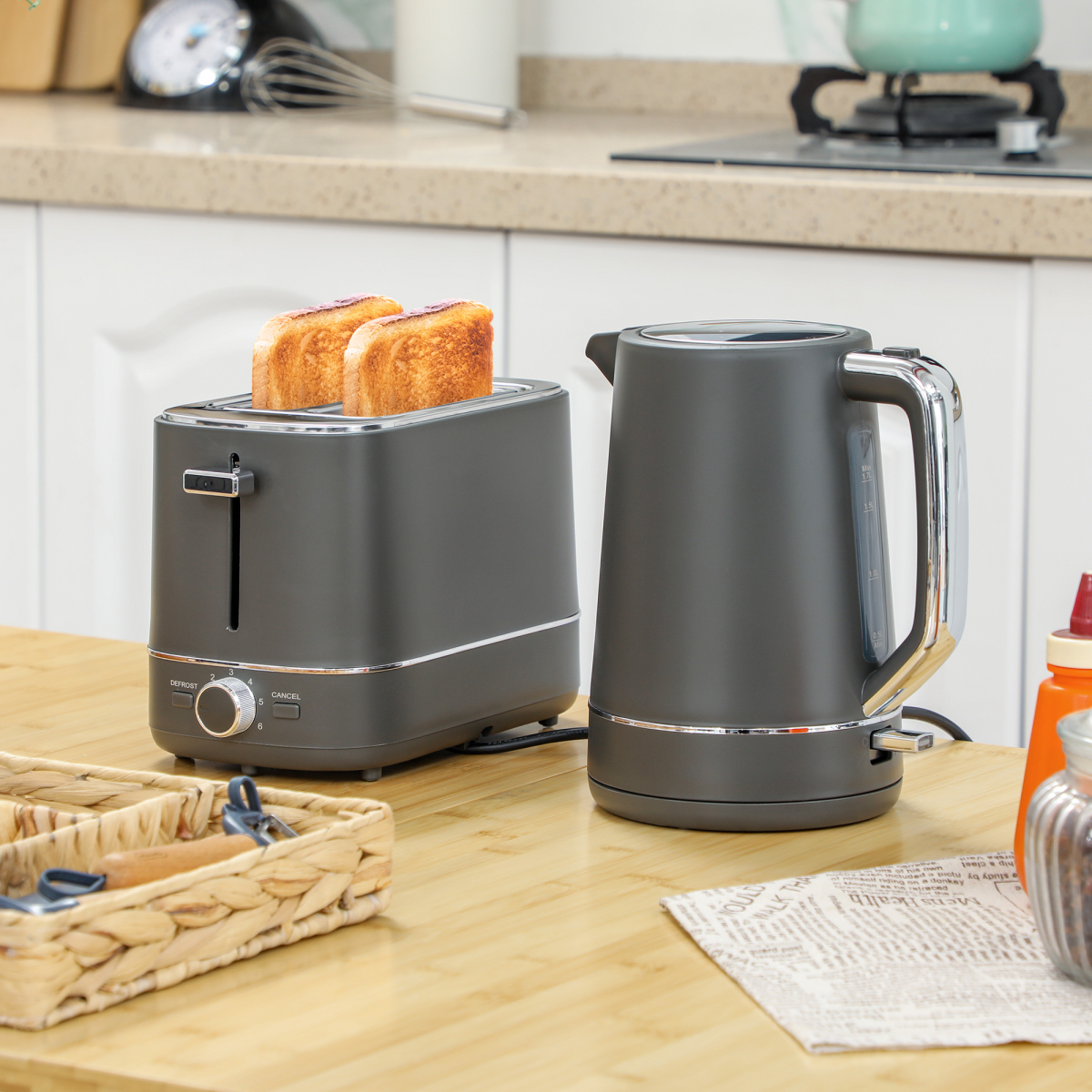 HOMCOM 1.7L 3000W Kettle & High-Lift 2-Slice Toaster Set with Browning Control – Breakfast Appliance Duo, Grey