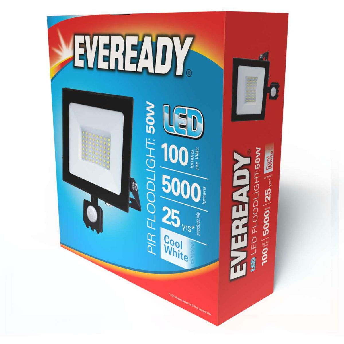 Eveready 50W LED PIR Floodlight – 5,000 Lumen, 4,000K Cool White Security Light with Quick Fix Bracket