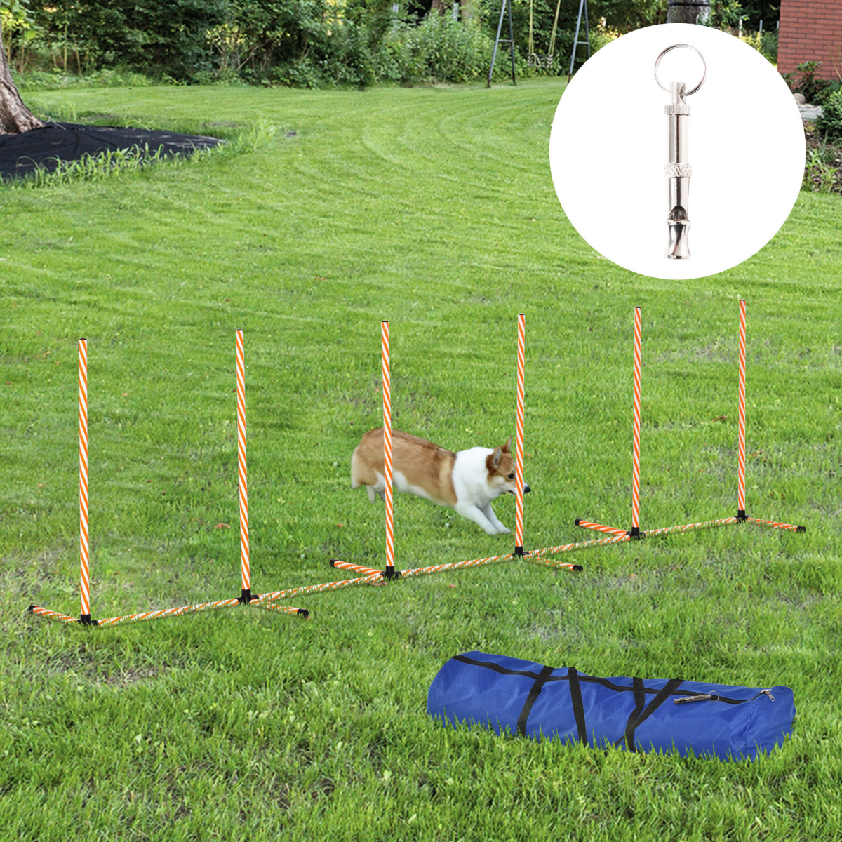 Pawhut Dog Agility Weave Poles Training Set with Whistle & Carry Bag – Slalom Obstacle Course Equipment