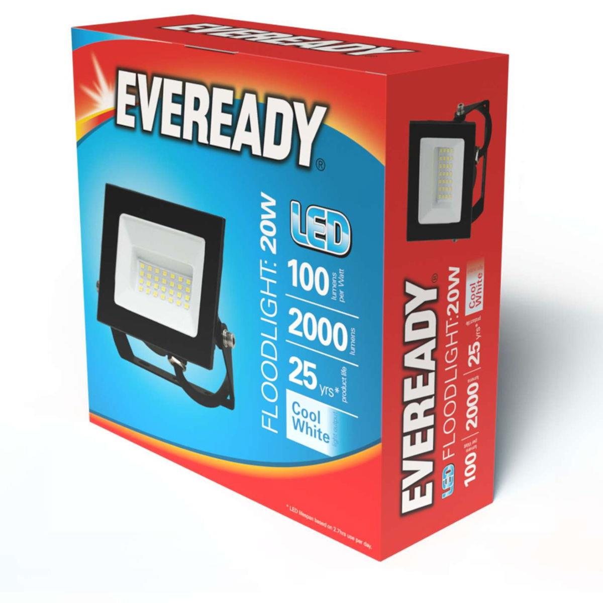 Eveready 20W IP65 LED Floodlight with Quick Fix Bracket – 2,100 Lumen Outdoor Light, 4,000K Cool White