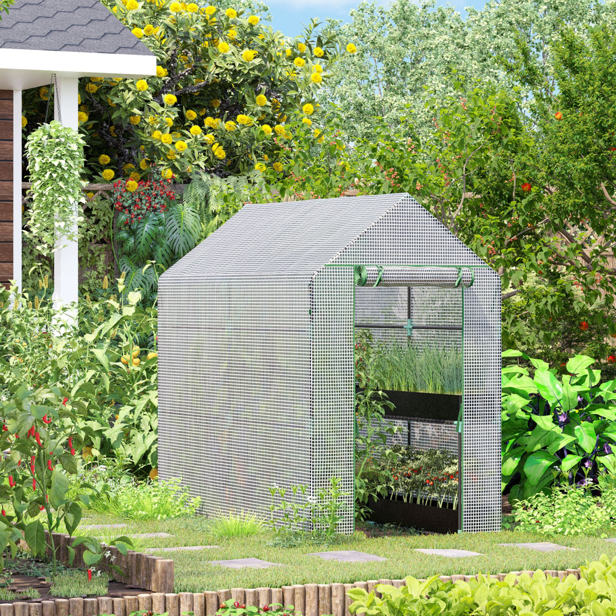 Outsunny Walk-In Garden Greenhouse with 4 Wire Shelves, Roll-Up Door & PE Cover – 186 x 120 x 190cm, White