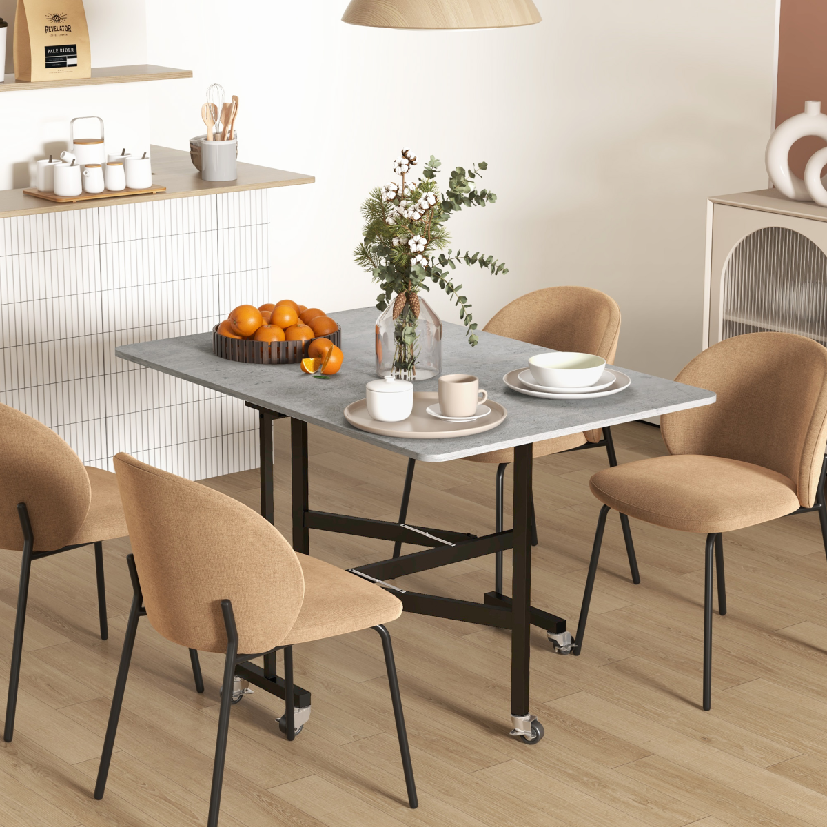 HOMCOM Drop Leaf Dining Table on Wheels – Seats up to 6, Space-Saving Mobile Table, Grey