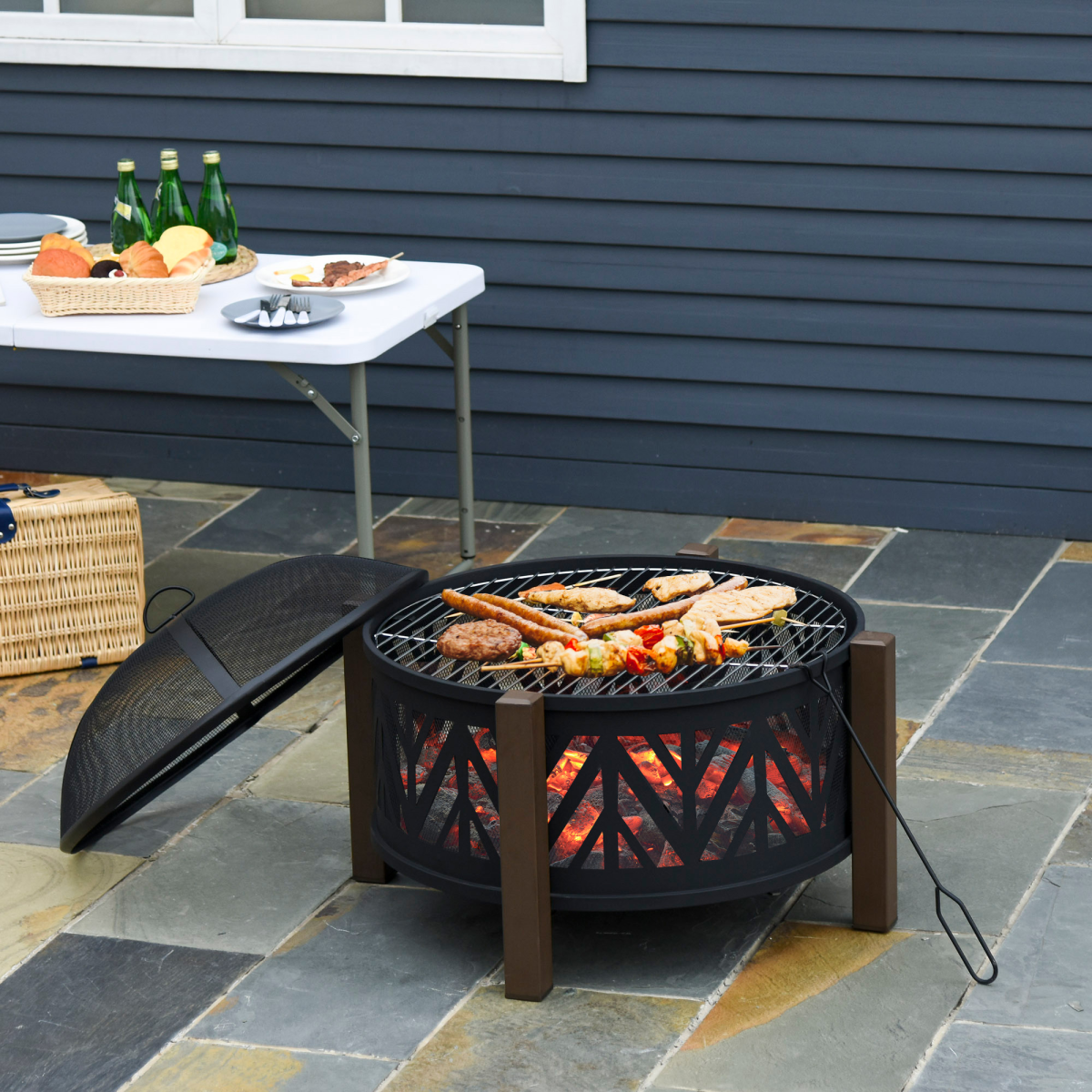 HOMCOM 2-in-1 Outdoor Fire Pit Bowl with BBQ Grill Grate and 30" Mesh Spark Screen Cover – Poker Included