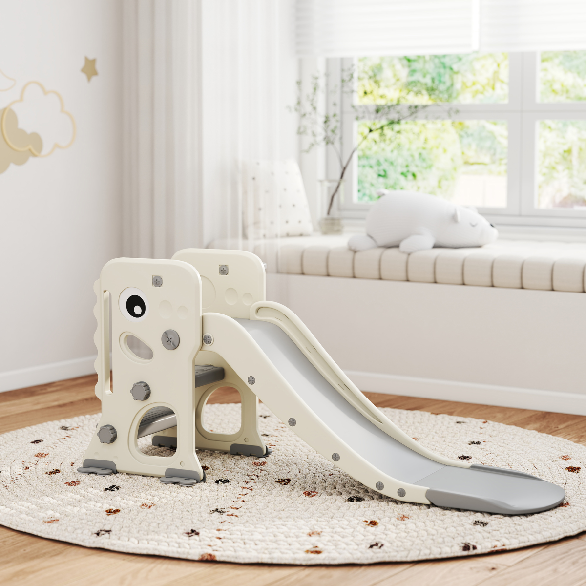AIYAPLAY Foldable 3-in-1 Kids Slide with Climber and Basketball Hoop – Dinosaur Theme Playset, Cream White