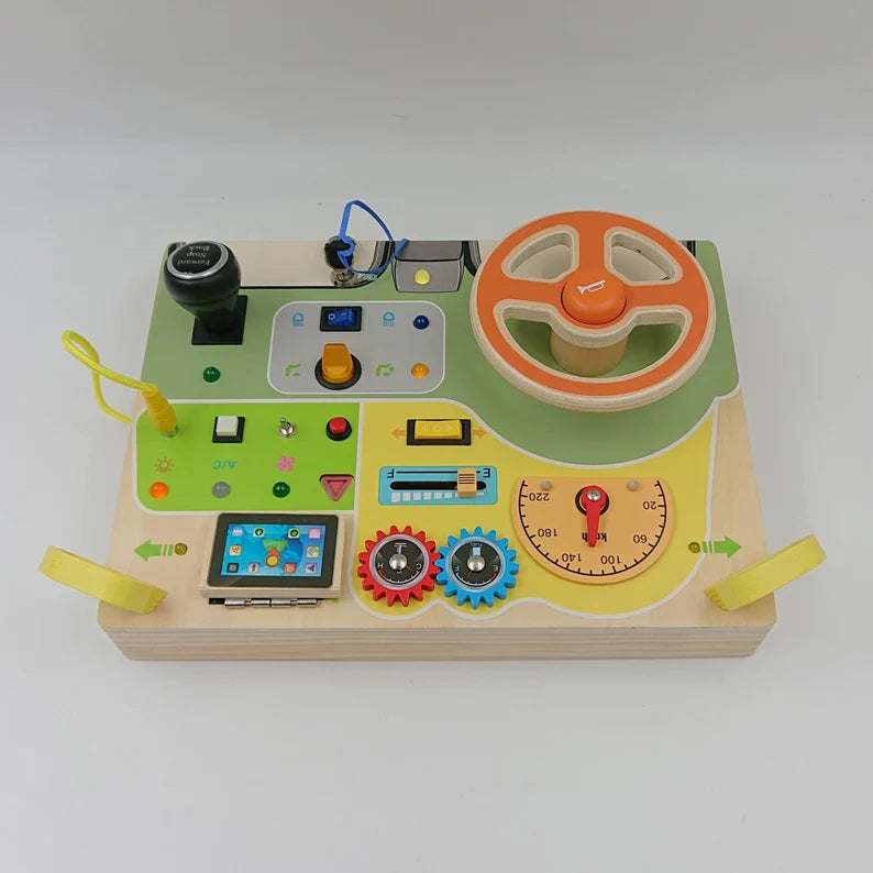 Montessori Wooden Busy Board with Steering Wheel, LED Lights, Engine Sounds & Key Turn – Toddler Sensory Toy