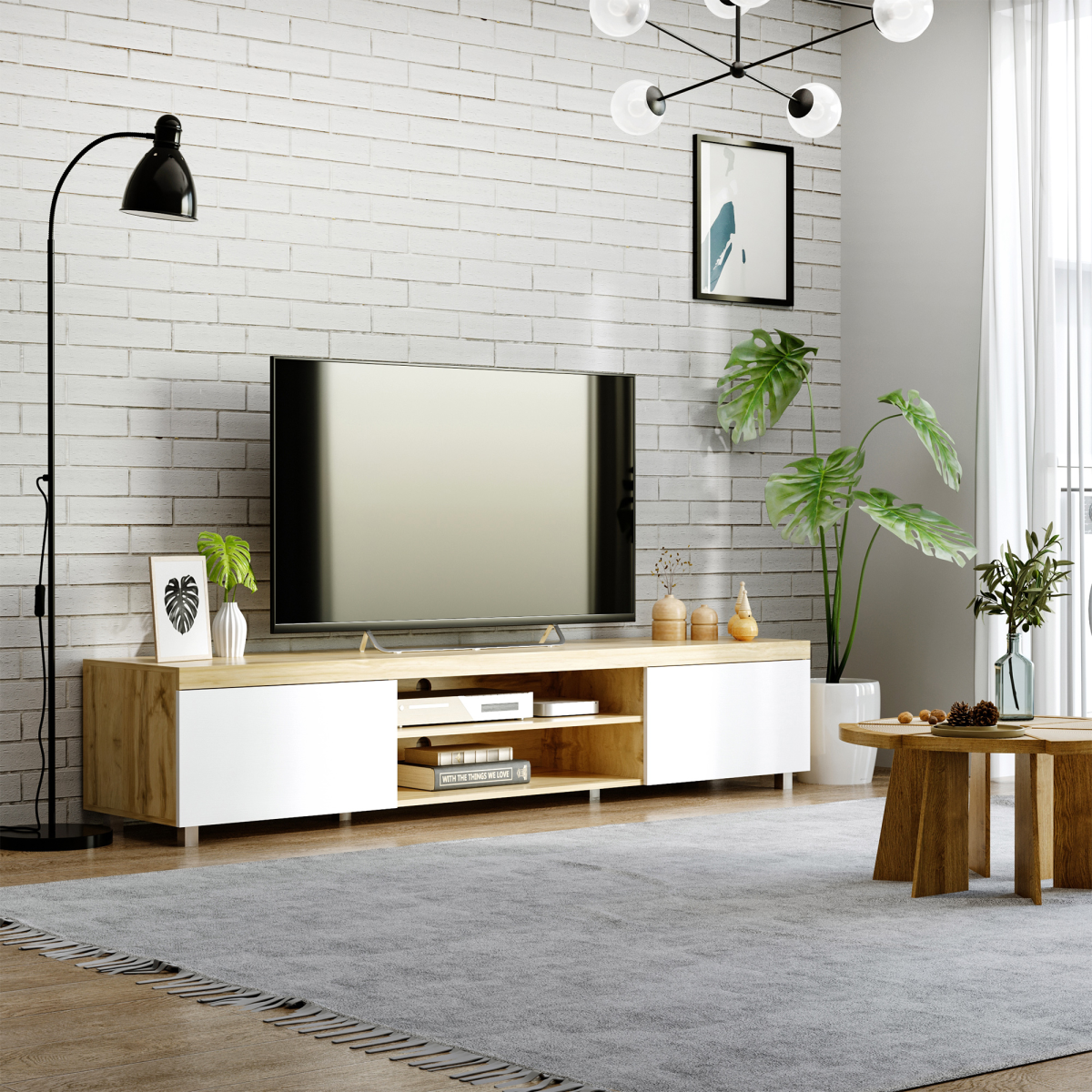 HOMCOM Modern TV Unit with Enclosed Cabinet & Open Shelf – Living Room Media Storage, Light Brown