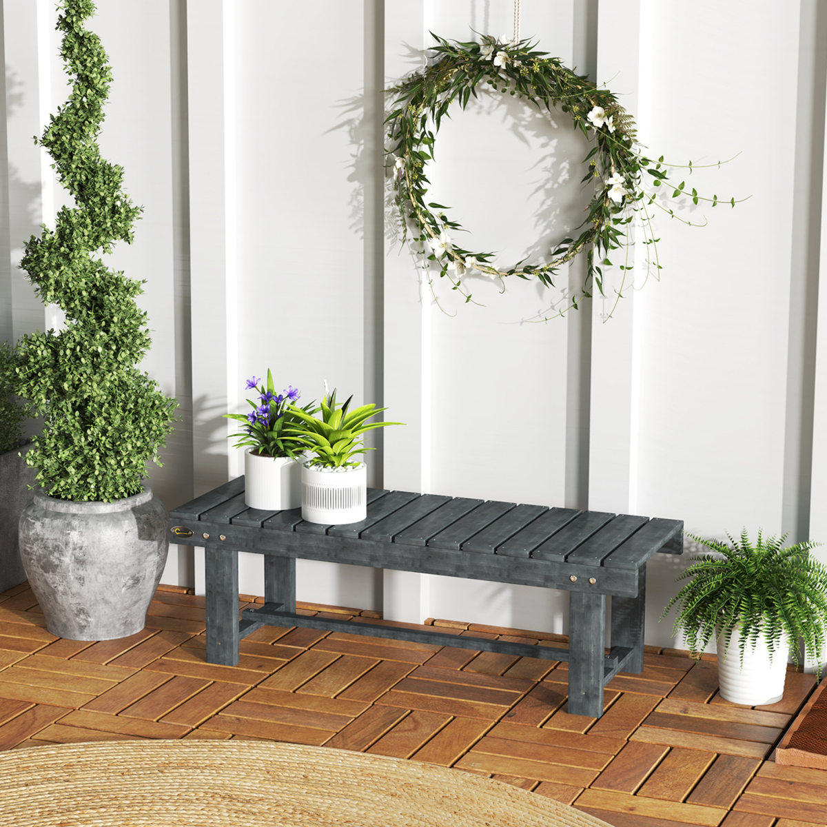 Outsunny 1.1m Outdoor Garden Bench for 2 People – Solid Fir Wood Patio Loveseat with Foot Bar, Grey