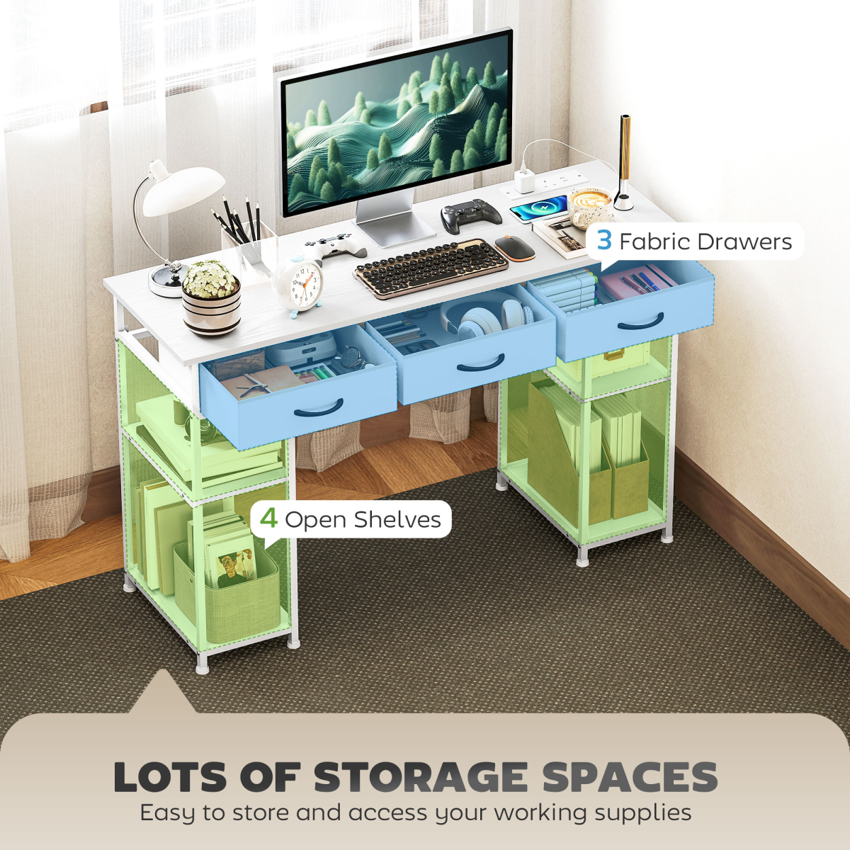 Computer Desk with Charging Station, 3 Fabric Drawers & 4 Shelves – Home Office Writing Table, White