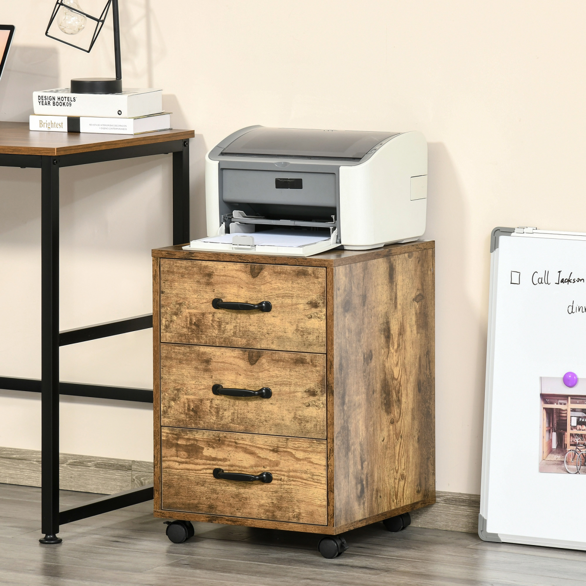 HOMCOM Rolling File Cabinet with 3 Drawers and Lockable Casters – Under Desk Mobile Filing Organiser, Wood Grain