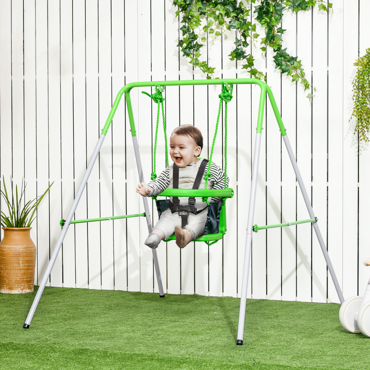 Outsunny Nursery Swing with Safety Seat Belt and Back Support, Powder-Coated Steel – Indoor & Outdoor, Green