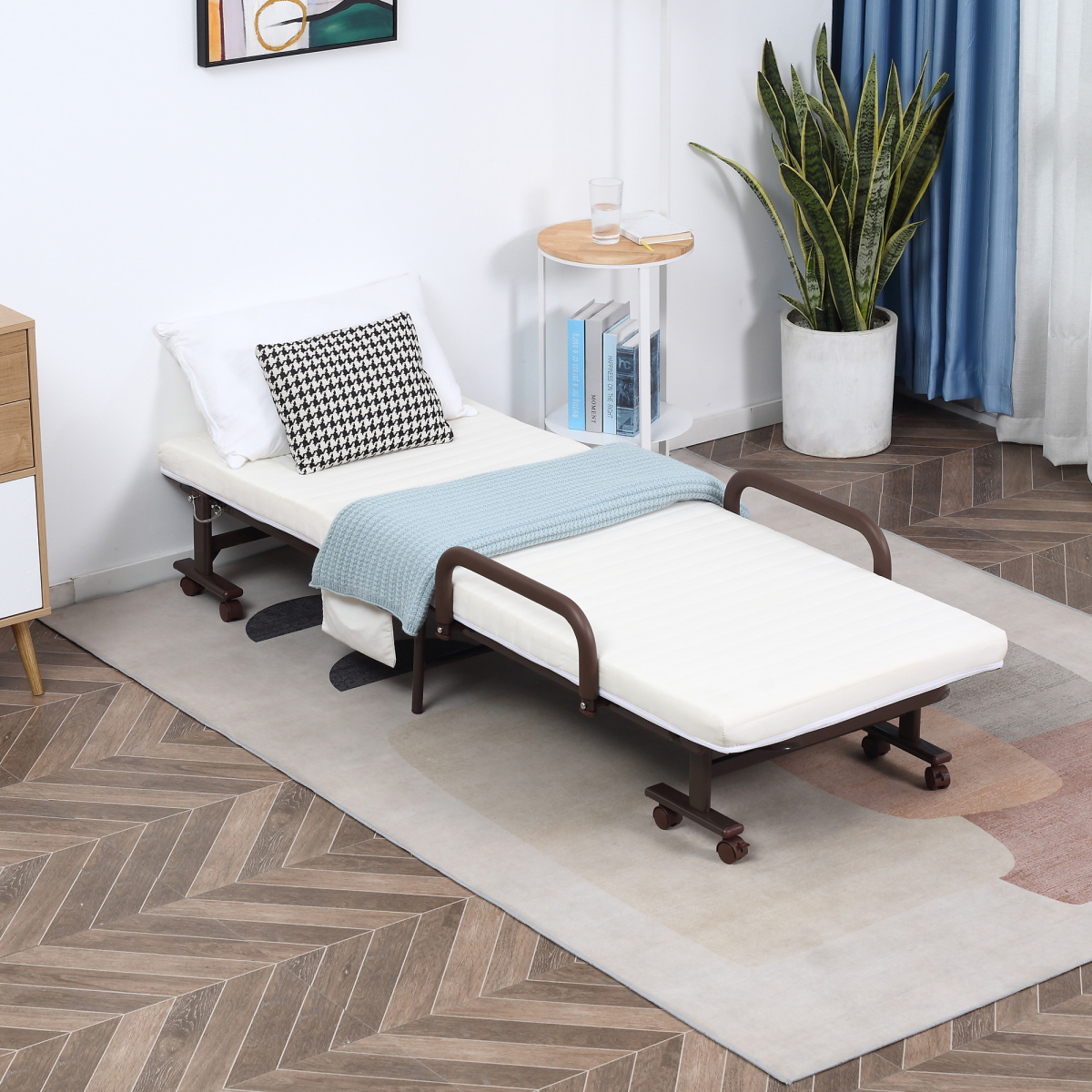 Folding Guest Bed with Mattress, Adjustable Backrest & Wheels – Space-Saving Spare Bed, Brown