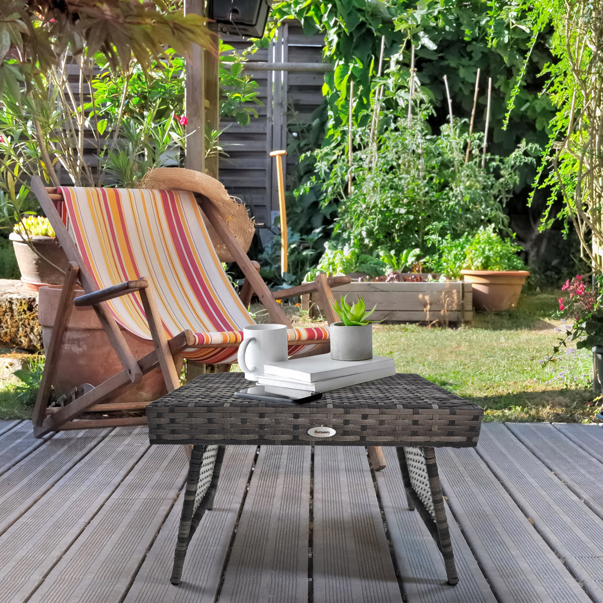 Outsunny Foldable Outdoor Coffee Table with Steel Frame and PE Rattan Top – Garden Side Table, Mixed Grey