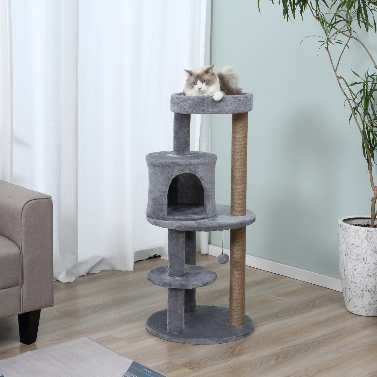 PawHut 104cm Deluxe Cat Activity Tree with Sisal Scratching Posts, Ear Perch, House & Hanging Ball – Grey