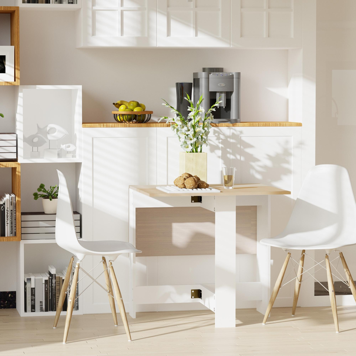 HOMCOM Folding Drop Leaf Dining Table for 6 with X-Shaped Base – Space Saving Dining Desk, Oak White