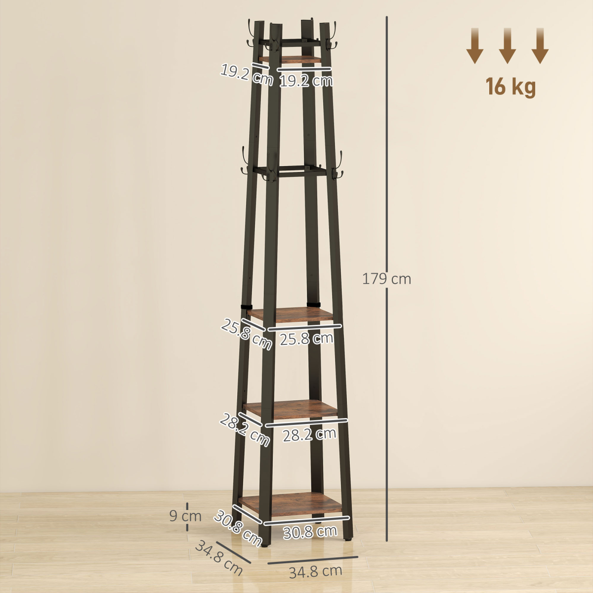 Industrial Coat Stand with 4 Shelves & 8 Triple Hooks – Slim Hallway Storage, Rustic Brown