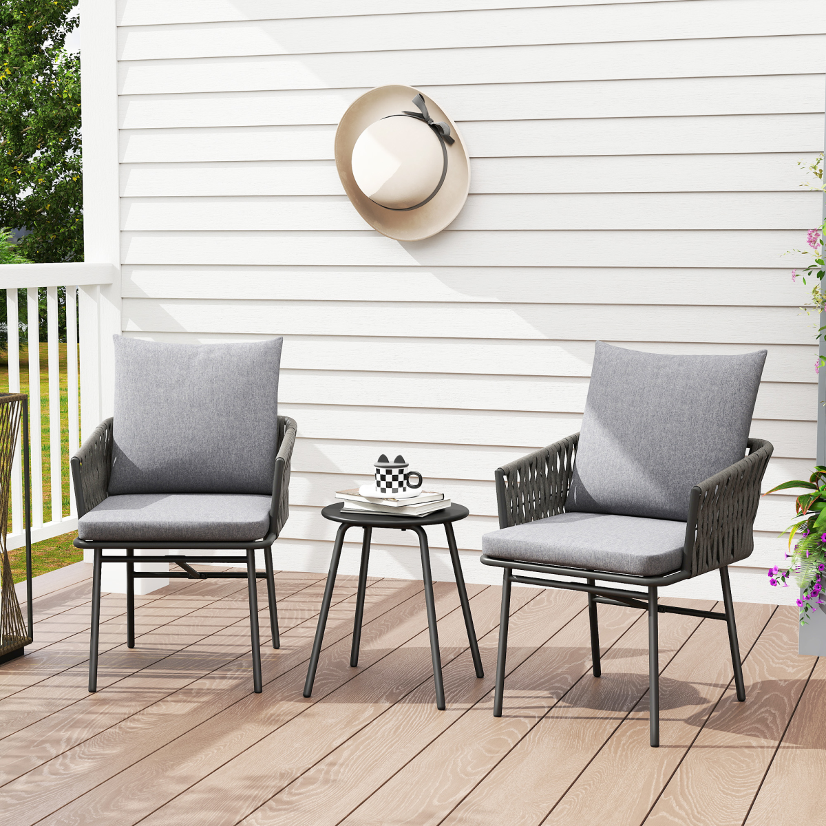 Outsunny 3-Piece Rattan Bistro Set with 2 Cushioned Chairs & Round Metal-Top Table – Balcony Furniture, Grey