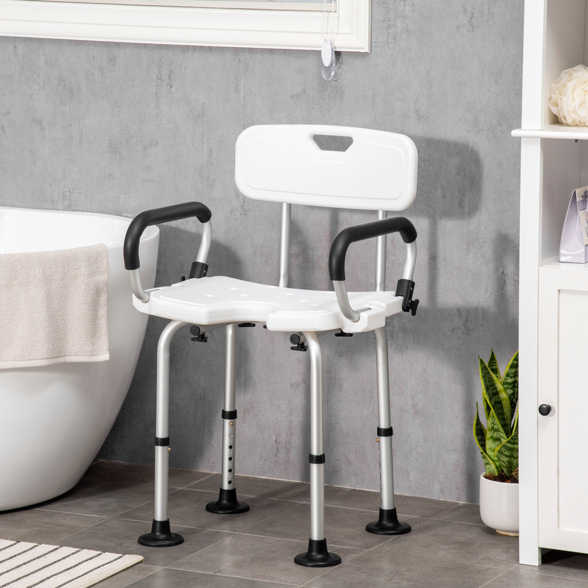HOMCOM Adjustable Shower Stool with Back, Padded Arms and Suction Foot Pads – Bath Seat for Elderly