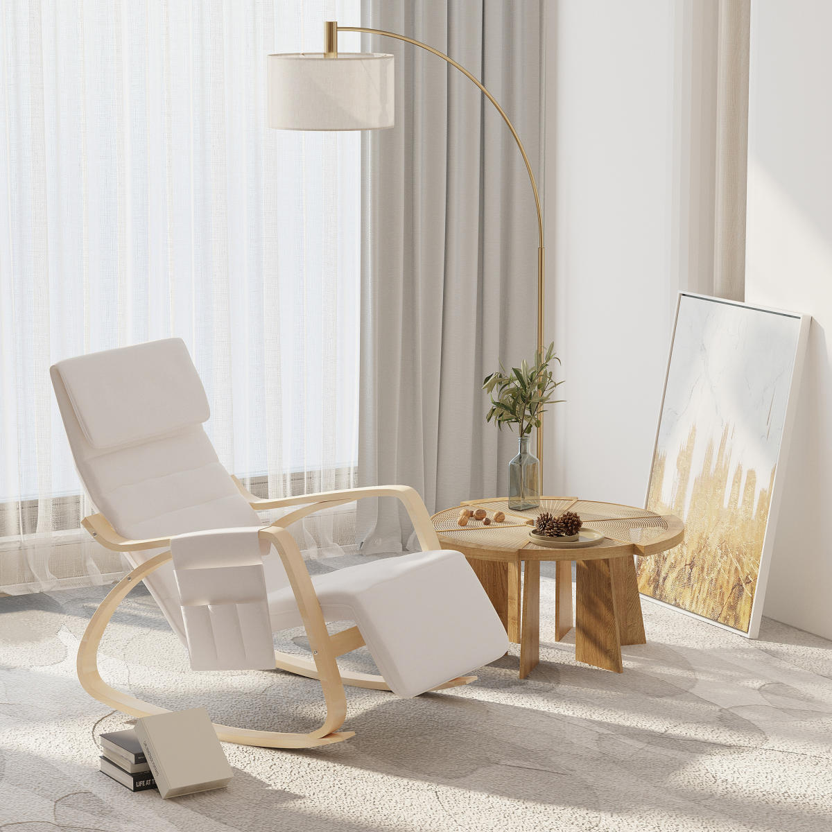 HOMCOM Rocking Recliner Armchair with Adjustable Footrest & Birch Wood Frame – Nursery Chair, Cream White