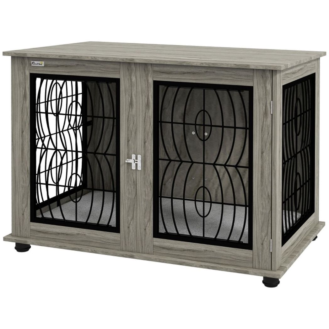 Dog Crate Furniture Side Table with Cushion & Lockable Door – For Large Dogs up to 30kg, Grey Wood Effect