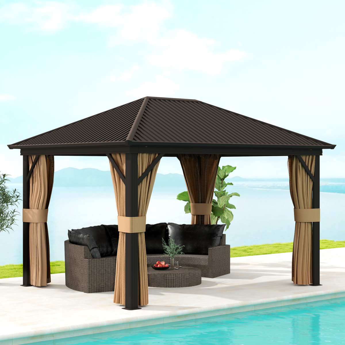 Outsunny 3.6 x 3m Metal Hardtop Gazebo with Zip Curtains & Mosquito Netting – Garden Shelter, Brown