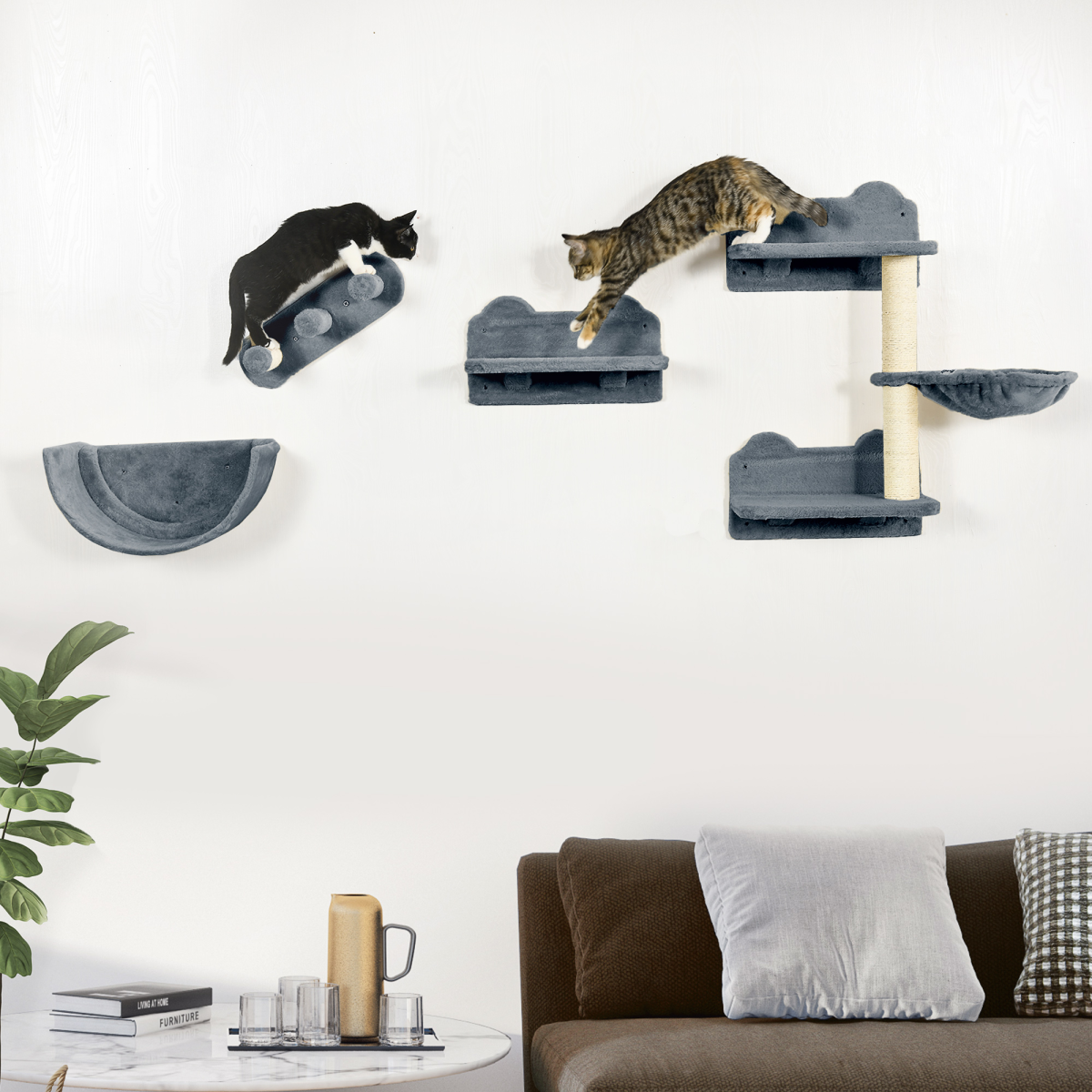 PawHut 4-Piece Wall Mounted Cat Shelves with Hammock, Nest & Sisal Scratching Posts – Cat Climbing Wall