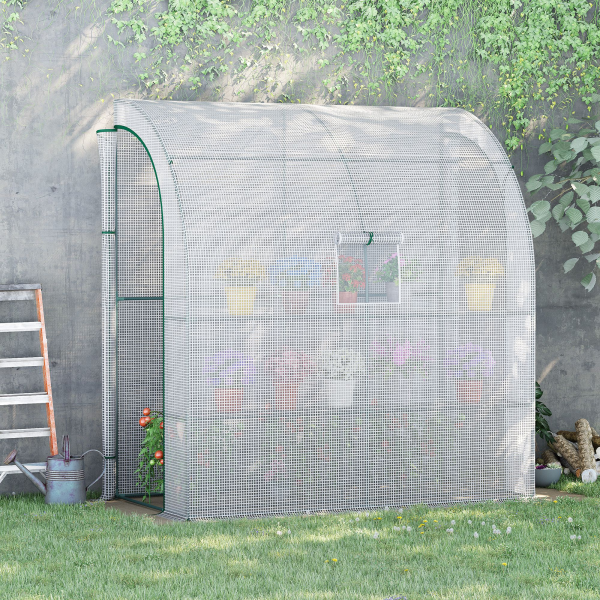 Outsunny Walk-In Lean-To Greenhouse with 4 Shelves, Windows & Doors – Steel Frame, PE Cover, White