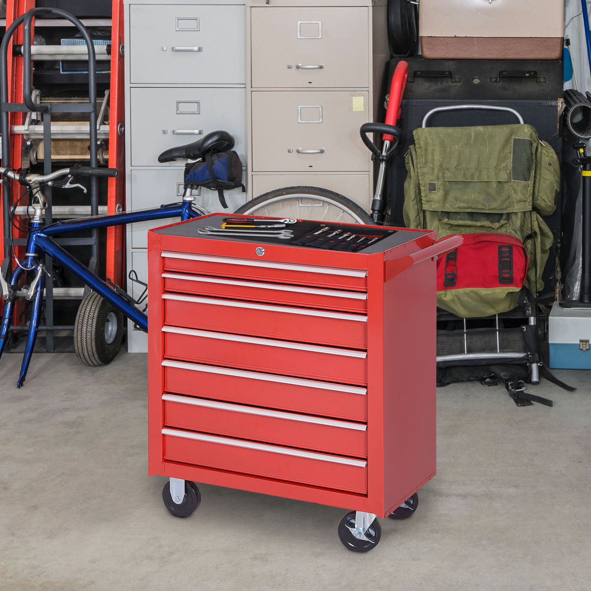 DURHAND 7-Drawer Rolling Tool Cabinet with Top Storage Compartment – Steel Workshop Chest, Red
